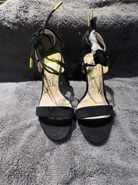 Qupid Black Suede Lace-Up Open-Toe Heels